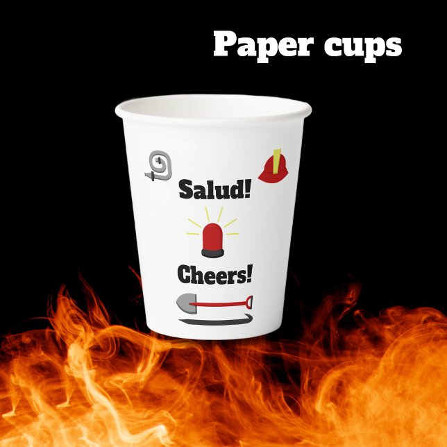 Feuerwehrmann] zweisprachiger Geburtstagskind Pappbecher (Paper cups Bilingual Text Salud Cheers. firefighters themed party Multilingual Project.)
