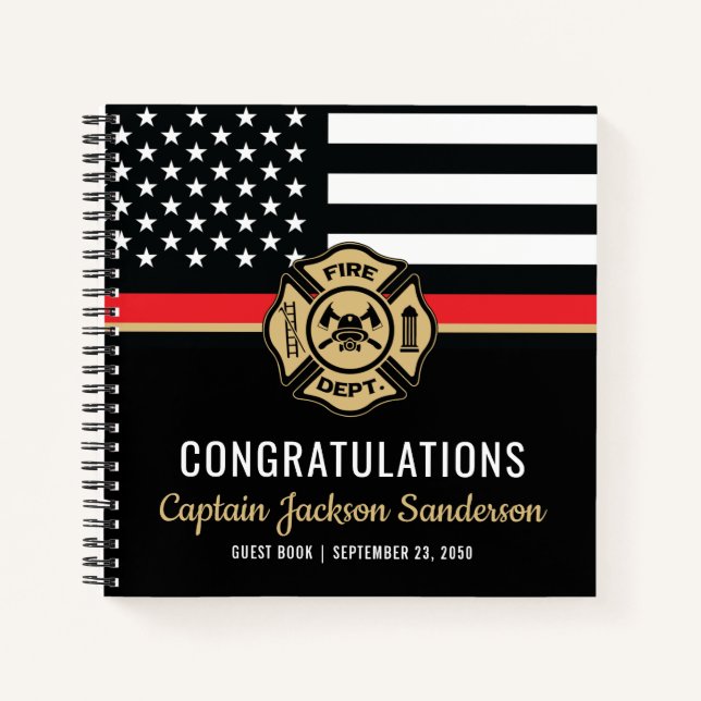 Feuerwehrruhestand Thin Red Line Gast Notizbuch (Vorderseite)