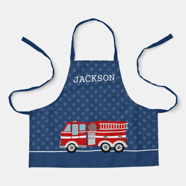 Feuerwehrschiff Blaue Polka Dot Personalisierte Ki Schürze (Vorderseite)