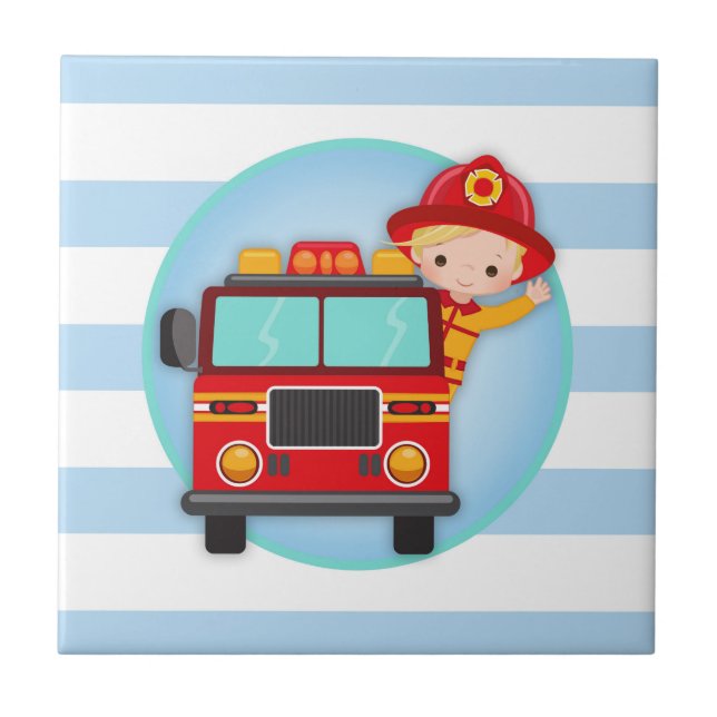Feuerwehrschiff Truck Blonde Hair Boy Fliese (Vorderseite)