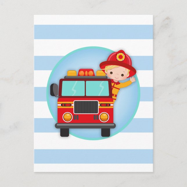 Feuerwehrschiff Truck Blonde Hair Boy Postkarte (Vorderseite)