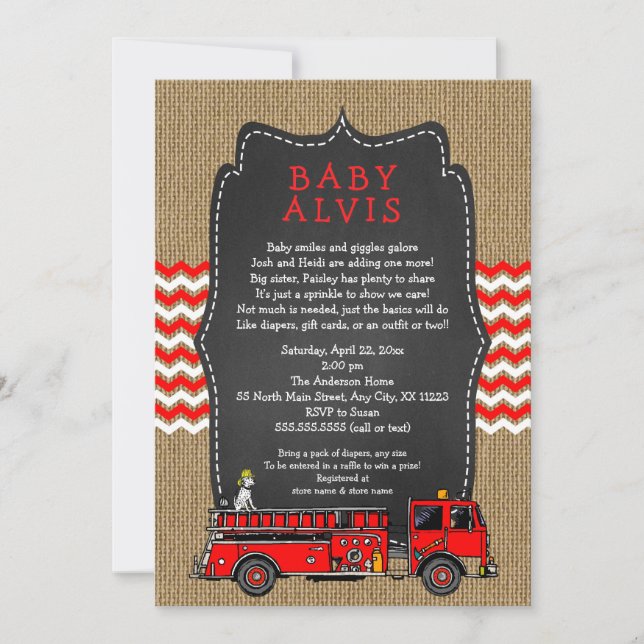 Feuerwehrwagen Baby Sprinkle mit NAME Junge Dusche Einladung (Vorderseite)