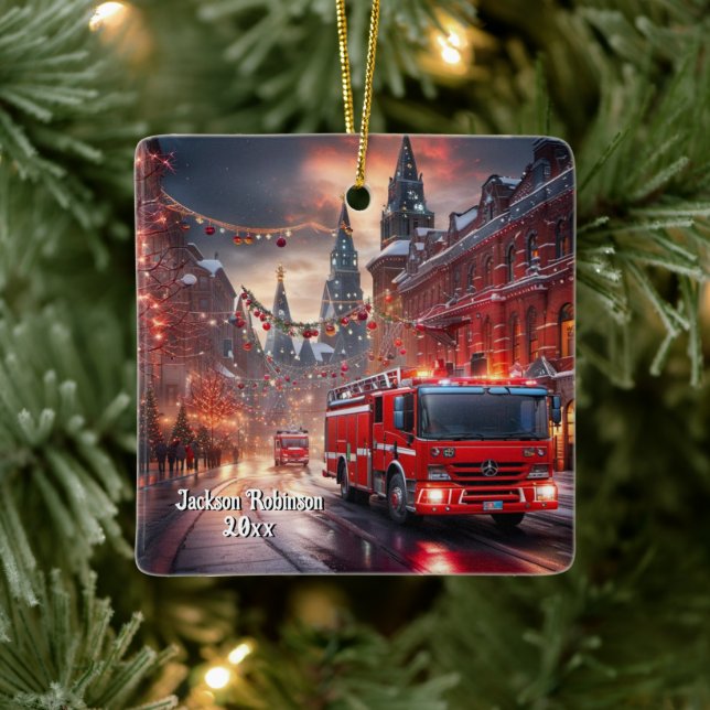 Feuerwehrwagen Weihnachten Keramikornament (Baum)