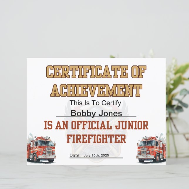 Feuerwehrzeugnis für Junior Firefighter-Party (Stehend Vorderseite)
