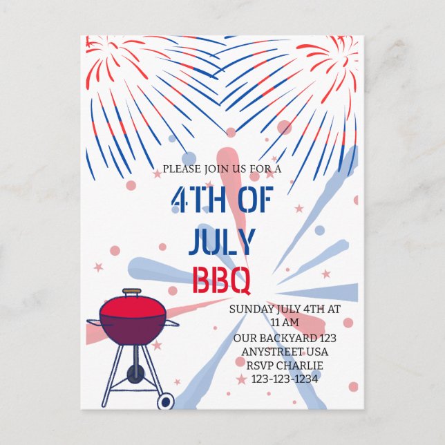 Feuerwerk 4. Juli GRILLEN Einladung Postkarte (Vorderseite)