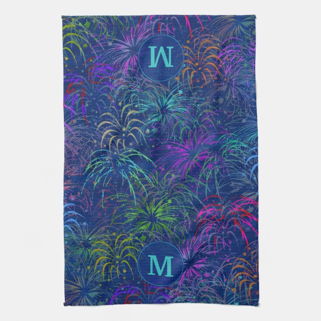 Feuerwerk 4. Juli Sommermuster | MIT MONOGRAMM Handtuch (Vertikal)