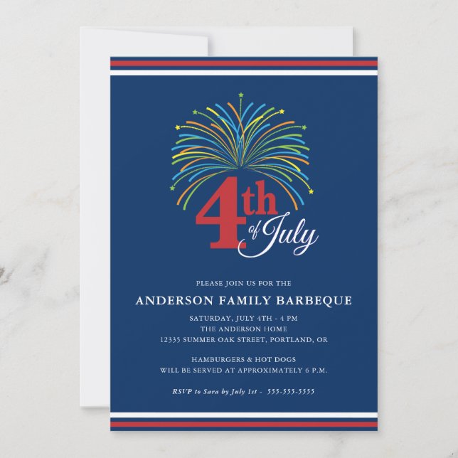 Feuerwerk Familie Barbeque 4. Juli Party Einladung (Vorderseite)