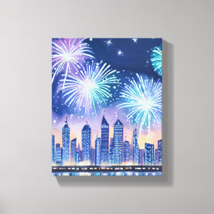 Feuerwerk Stadtlandschaft   Blaue Lofi-Digital-Was Leinwanddruck