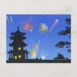 Feuerwerk und Silhouette der Pagode Postkarte