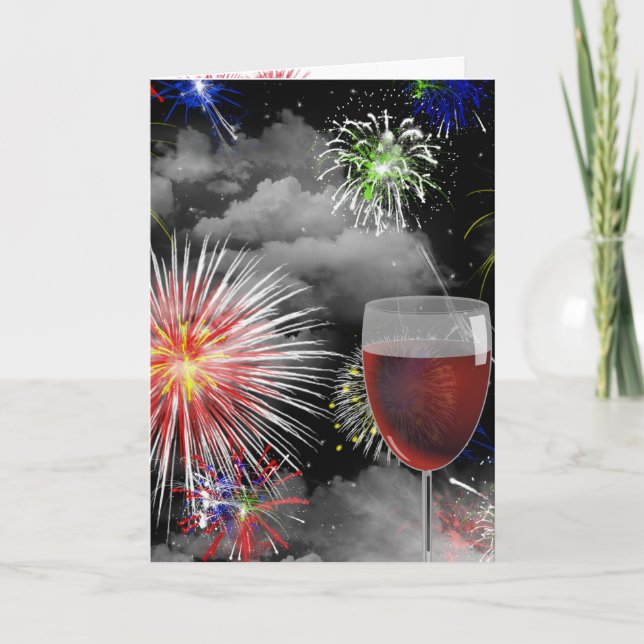 Feuerwerk und Weinglas Geburtstag Karte (Vorderseite)