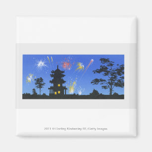Feuerwerkanzeige und Silhouette der Pagode Magnet