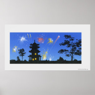 Feuerwerkanzeige und Silhouette der Pagode Poster