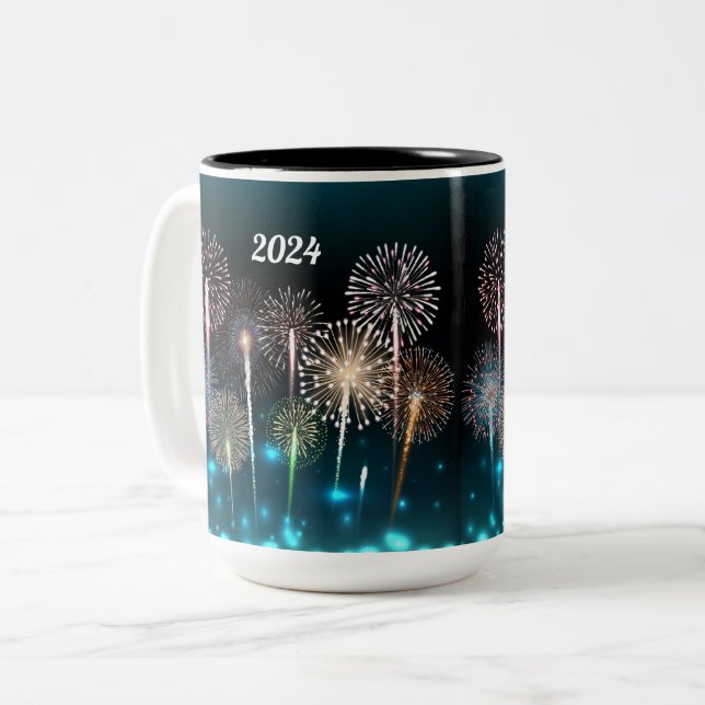 Feuerwerke 2024 - Frohes neues Jahr Zweifarbige Tasse (Vorderseite Links)