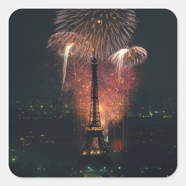 Feuerwerke, Eiffelturm, Paris, Frankreich Quadratischer Aufkleber (Vorderseite)