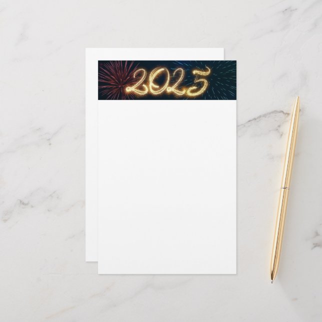 Feuerwerke funkeln glücklich Neues Jahr 2025 Briefpapier (Vorderseite/Rückseite Beispiel)