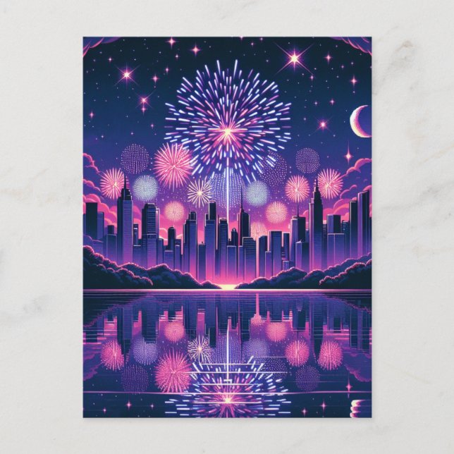 Feuerwerke über der Skyline der Stadt | AMERIKANIS Postkarte (Vorderseite)