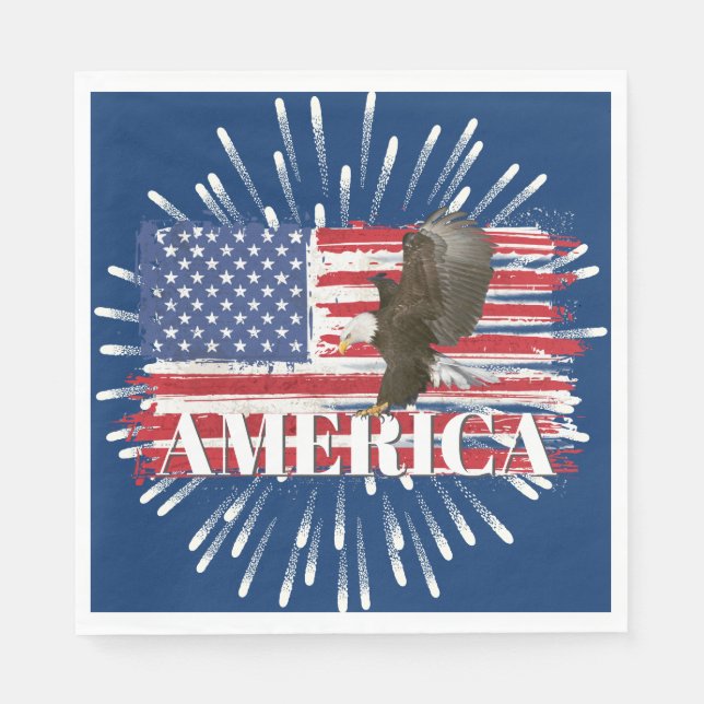 Feuerwerke und Adler auf amerikanischer Flagge Serviette (Vorderseite)