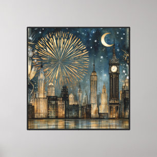 Feuerwerksfeier zur nächtlichen Skyline Leinwanddruck