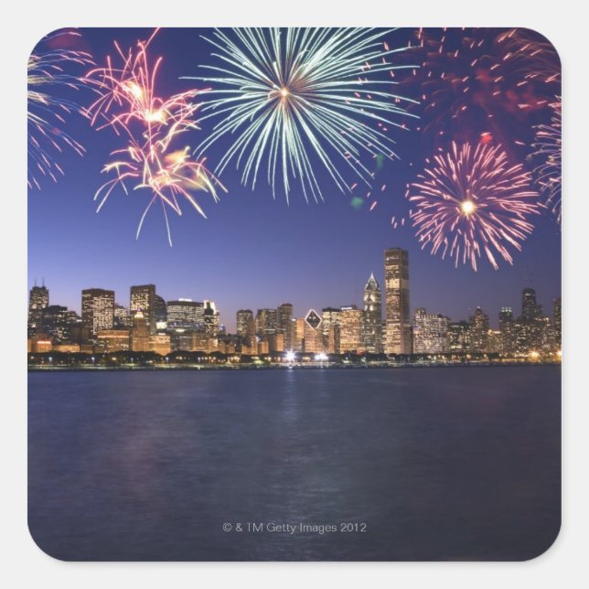 Feuerwerkskörper über der Skyline von Chicago 2 Quadratischer Aufkleber (Vorderseite)