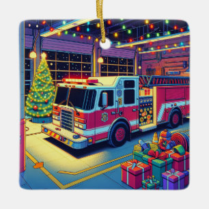 Feuerzug in Feuerwehr Weihnachtsbaum und Geschenk Keramikornament