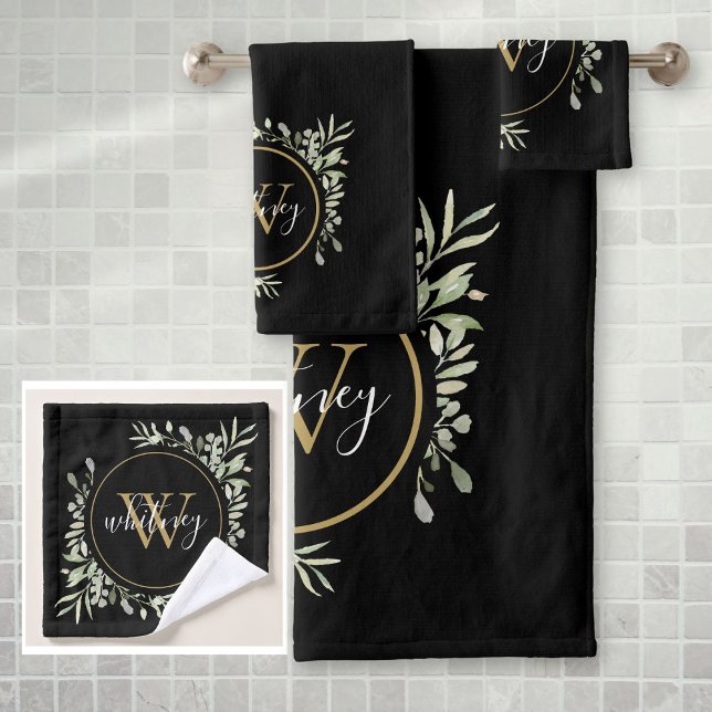 Feuillage de verdure Monogramme doré Chic Script N (Greenery Foliage Gold Monogram Chic Script Black Bath Towel Set)