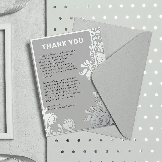 Feuillage d'huile d'argent sur Carte de remercieme (Silver Foil Foliage on Gray Wedding Thank You Card by the Elegant Wedding)