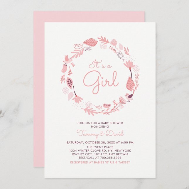 Feuillage rose | Invitation Baby shower fille mign (Devant / Derrière)