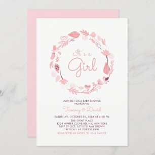 Feuillage rose   Invitation Baby shower fille mign