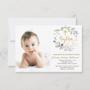Feuillage vert Baptême Photo Invitation Card