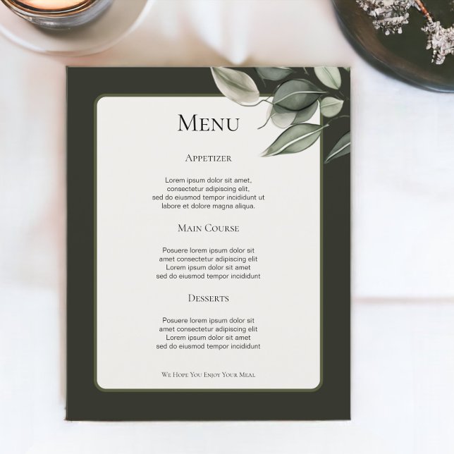 Feuillage vert Muet Menu Mariage personnalisé (Muted Green Foliage Personalized Wedding Menus from Ricaso)