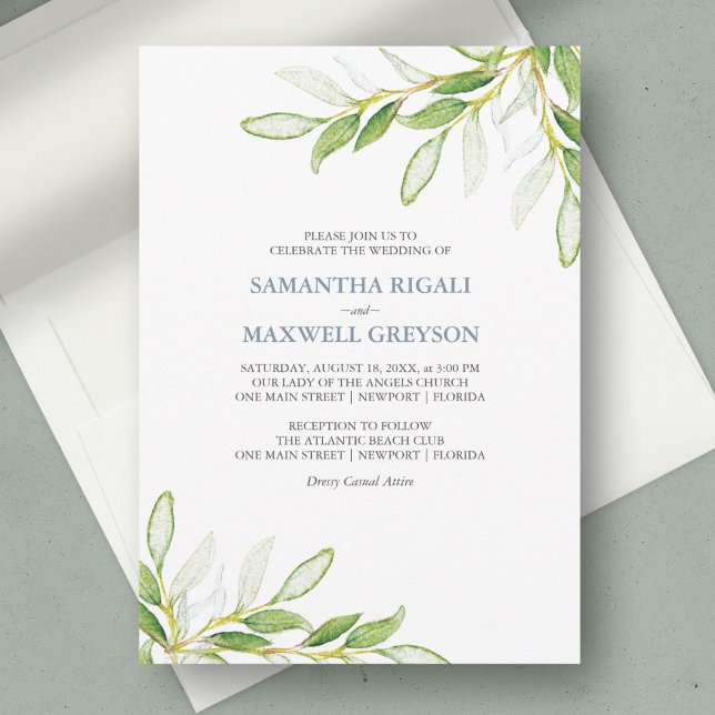 Feuille Botanique Invitation de mariage de jardin (wedding invitation sage green botanical watercolor greenery unique art by Victoria Grigaliunas )