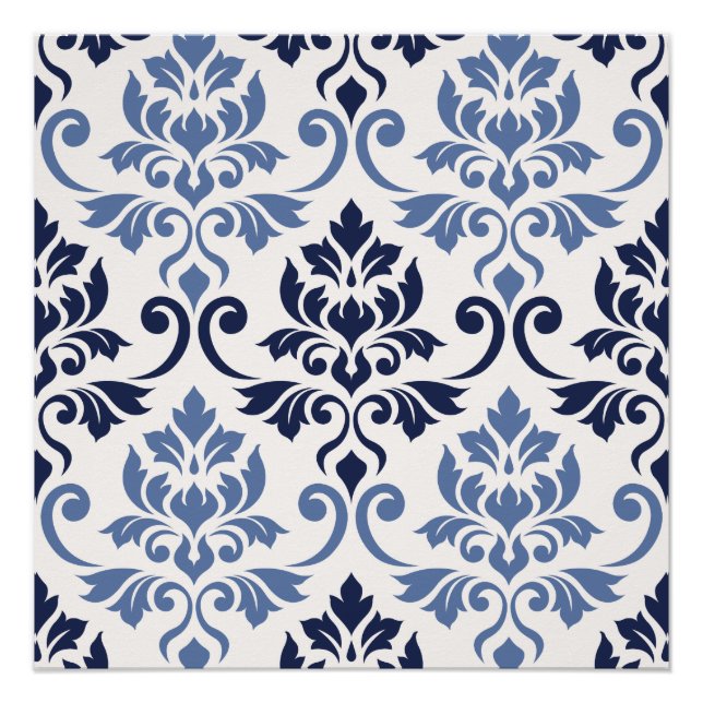 Feuille Damask Big Pattern Blues auf Creme Poster (Vorderseite)