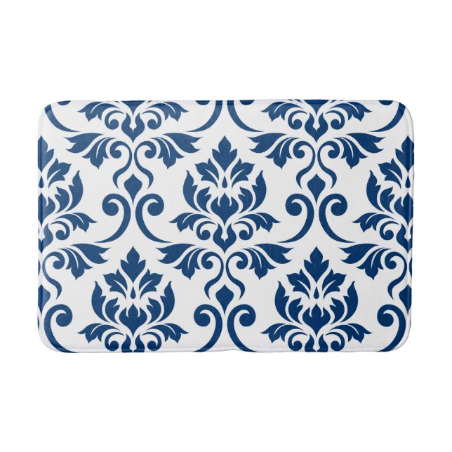Feuille Damask Lg Muster Dunkelblau auf Weiß Badematte (Vorderseite)