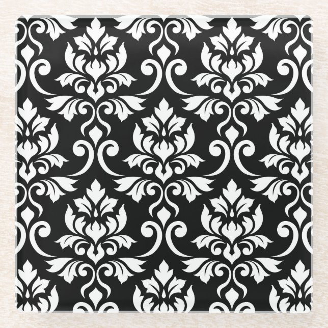 Feuille Damask Muster Weiß auf Schwarz Glasuntersetzer (Vorderseite)