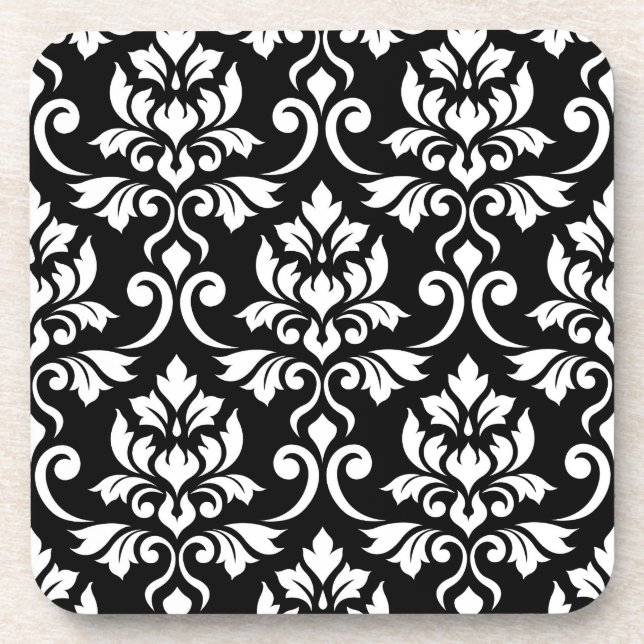 Feuille Damask Muster Weiß auf Schwarz Untersetzer (Vorderseite)