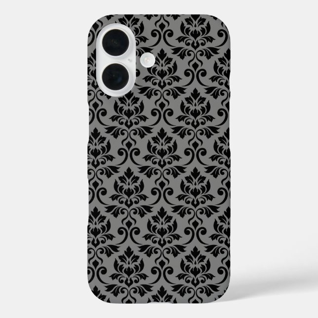 Feuille Damask Pattern Black auf Grau iPhone 16 Hülle (Rückseite)