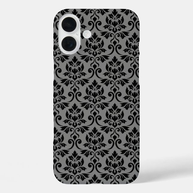 Feuille Damask Pattern Black auf Grau iPhone 16 Plus Hülle (Rückseite)