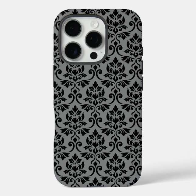 Feuille Damask Pattern Black auf Grau iPhone 16 Pro Hülle (Rückseite)