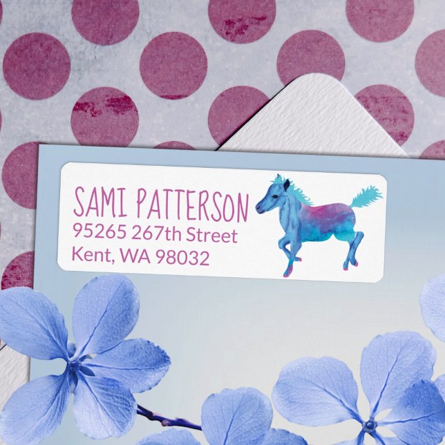 Feuille de Étiquette de adresse bleu pâle à galope (blue aqua galloping pony return address label mailing sticker pony ride birthday party theme)