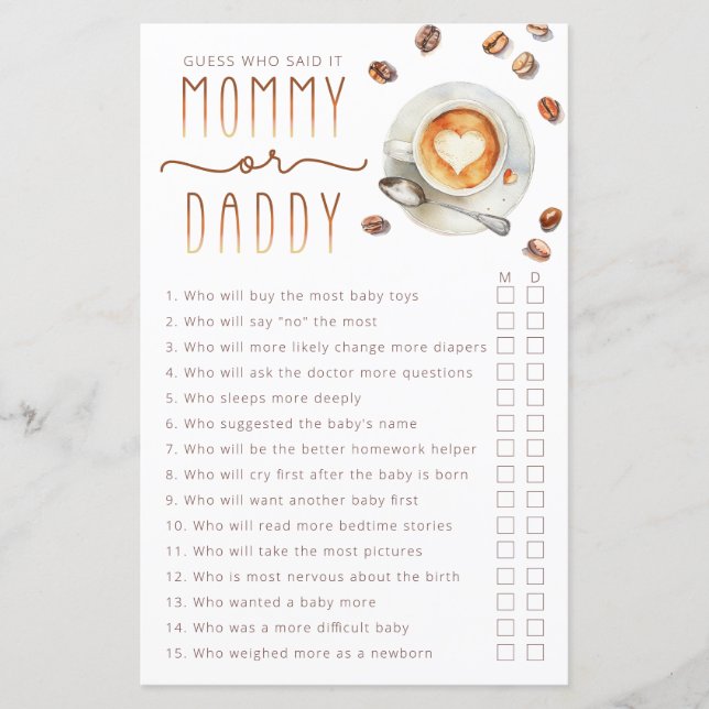 Feuille de jeu Baby shower maman ou papa (Devant)