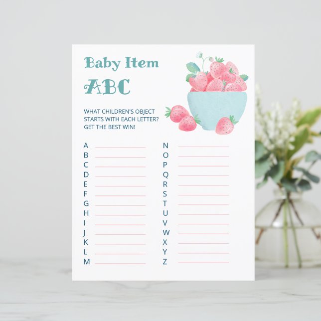 Feuille de jeu de baby shower avec des fraises mig (Debout devant)