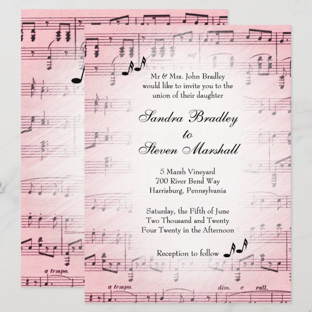 Feuille de musique rose Faire-part de mariage 2 (Devant / Derrière)