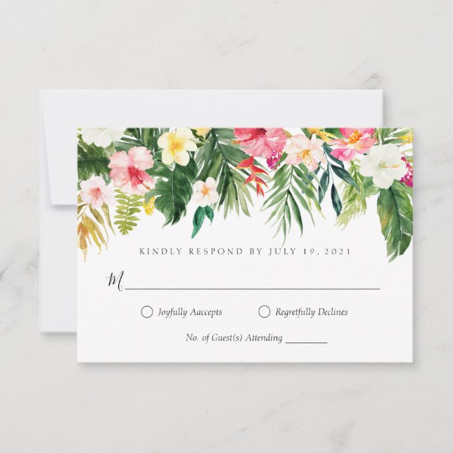 Feuille de palmier tropicale et carte RSVP florale (Devant)