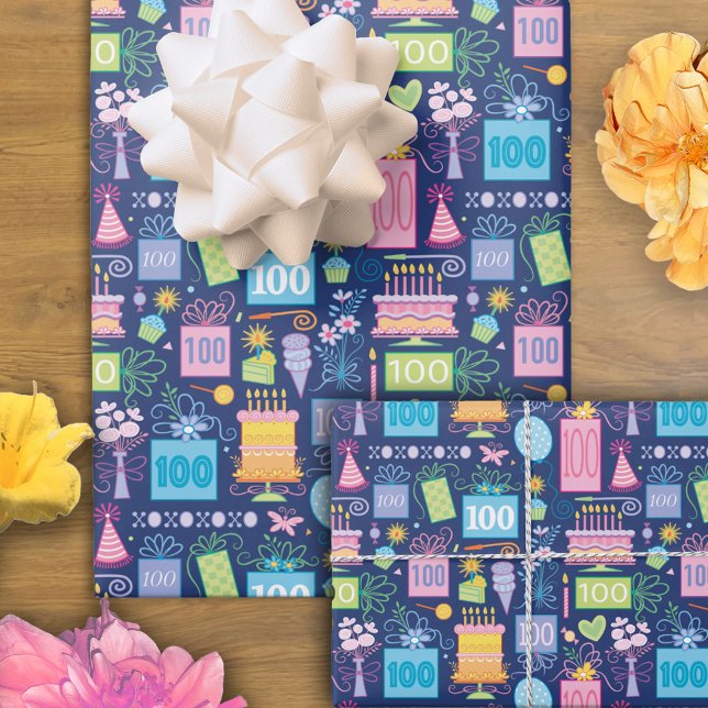 Feuille De Papier Cadeau 100e anniversaire gâteau présente Ballons Bleu (Créateur téléchargé)