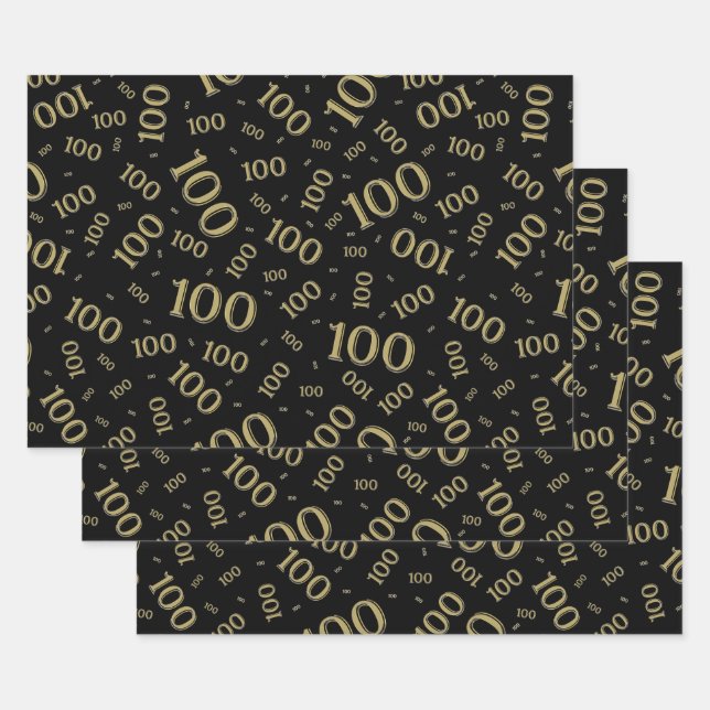 Feuille De Papier Cadeau 100e anniversaire Gold and Black Number Motif 100 (Lot)