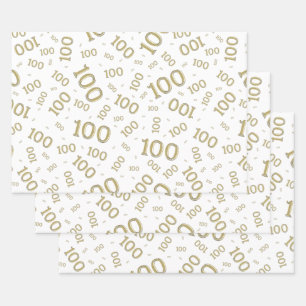 Feuille De Papier Cadeau 100e anniversaire Gold and White Number Motif 100