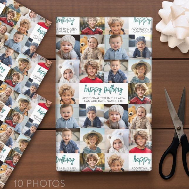 Feuille De Papier Cadeau 10 Photo Bordure Anniversaire Centre de texte - Gr (Custom Photo Wrapping Paper - Add a Photo Collage)