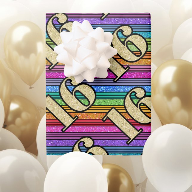 Feuille De Papier Cadeau 16e Anniversaire Gold Numbers Rainbow Stripe Parti (Créateur téléchargé)
