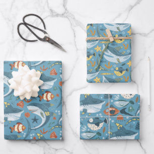 Feuille De Papier Cadeau 1er 2e 3e anniversaire bébé requin Ocean Sea Boys