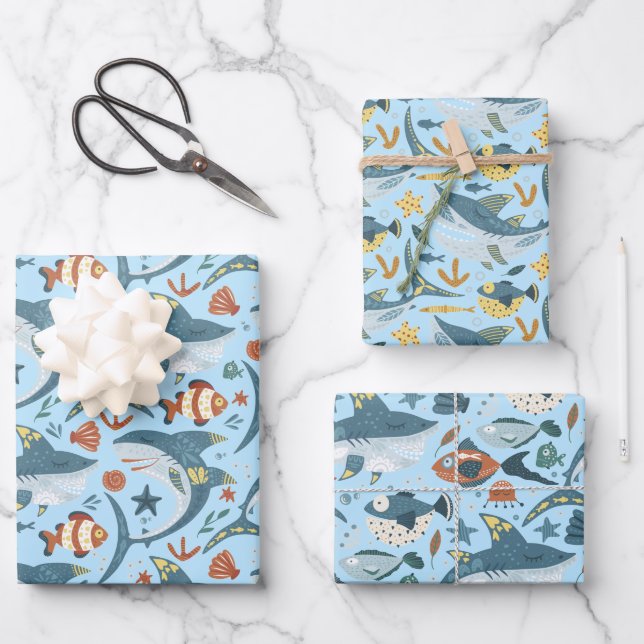Feuille De Papier Cadeau 1er 2e anniversaire Shark Party Ocean Sea Boys (Recto)